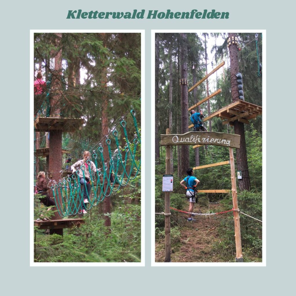 Kletterwald Hohenfelden, Sicht zu einer Baumplattform im Kletterwald Hohenfelden, umgeben von grünem Blättern, Seilen und Kletterpfaden. Weitere Infos finden Sie unter ferienwohnung-weimarerland.de.